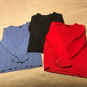3 Talbots Petite Large Supersoft Cable Knit Crewneck Sweaters. Black, red, blue.